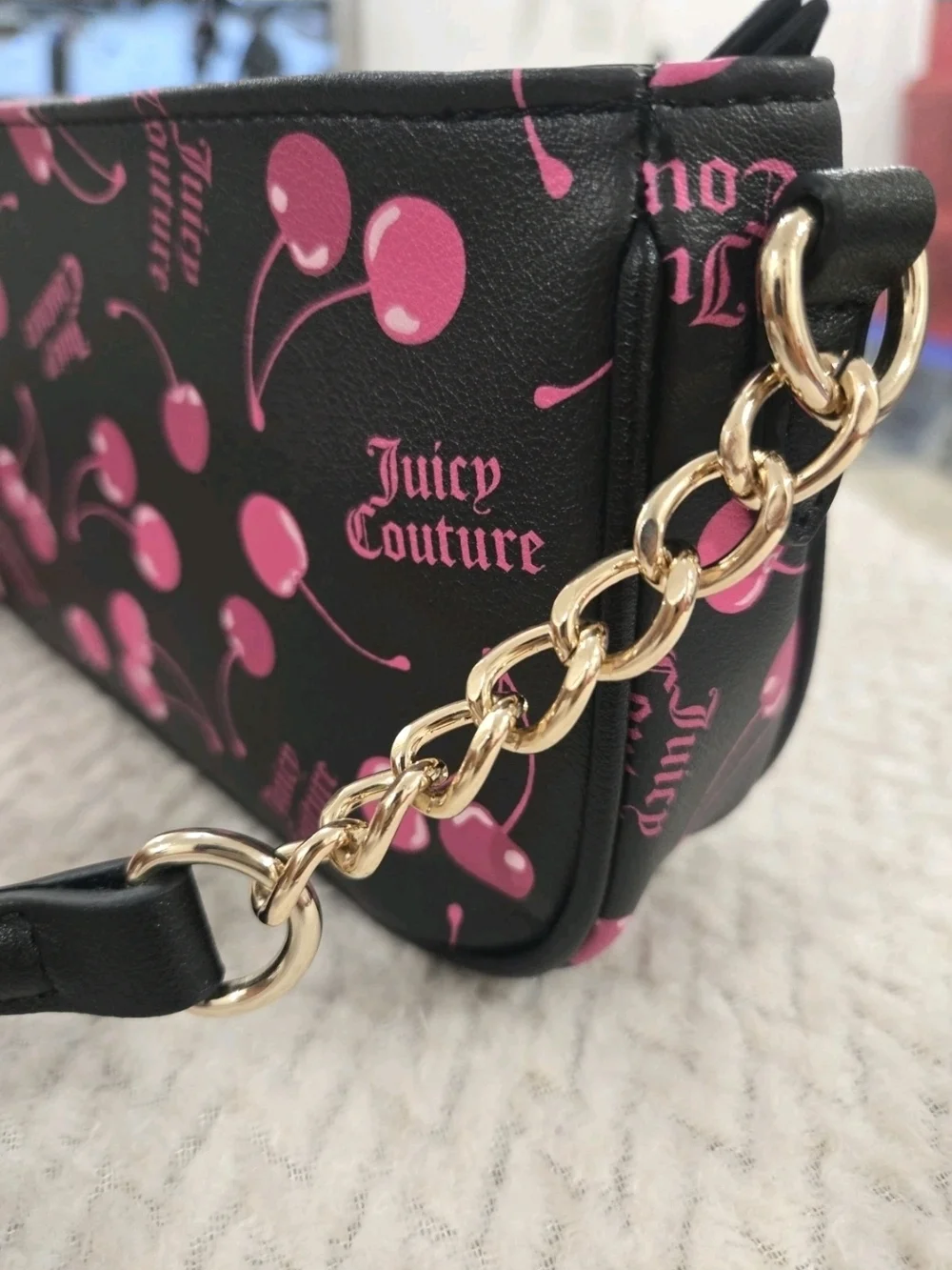 Juicy Couture Black & Pink Cherry Print Wristlet Bag NWT